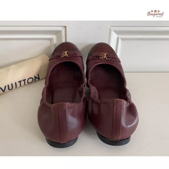 Authentic Louis Vuitton Maroon Leather Reptile Toe Bow Scrunch Ballet Flats 6.5 - Picture 8 of 10